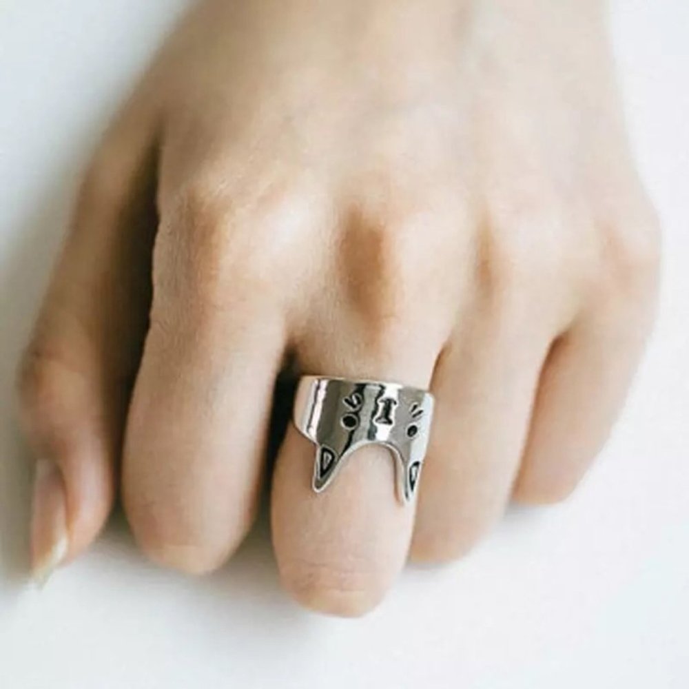 Silver Cat Face Statement Ring - Women's Jewelry